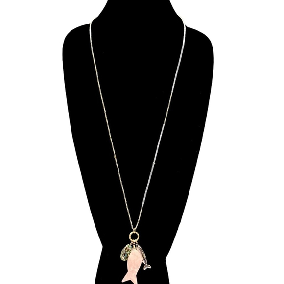 CHICO’S Convertible Two-Tone Abalone & Pink Quartz Fish Beaded Necklace Set-NWT - Picture 4 of 13